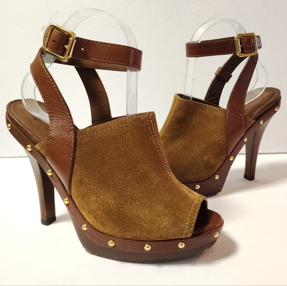 Tory Burch Women's Bilson Suede Ankle Closure Peep Toe Studded Pumps Brown 7.5 - Picture 3 of 10